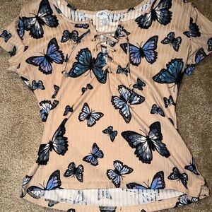 Rue21 Women's Butterfly Print Top - Tan and Blue